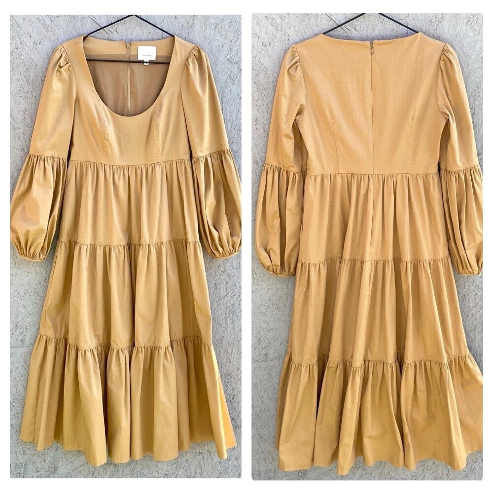 Cinq a Sept Scoop Neck Blouson Sleeve Tiered A-Line Midi Dress Sz 2 Tan